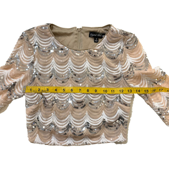 Crystal Doll Sequin Crop Top Womens Small Nude Sheer Long Sleeve Party Club Wear - Picture 4 of 6